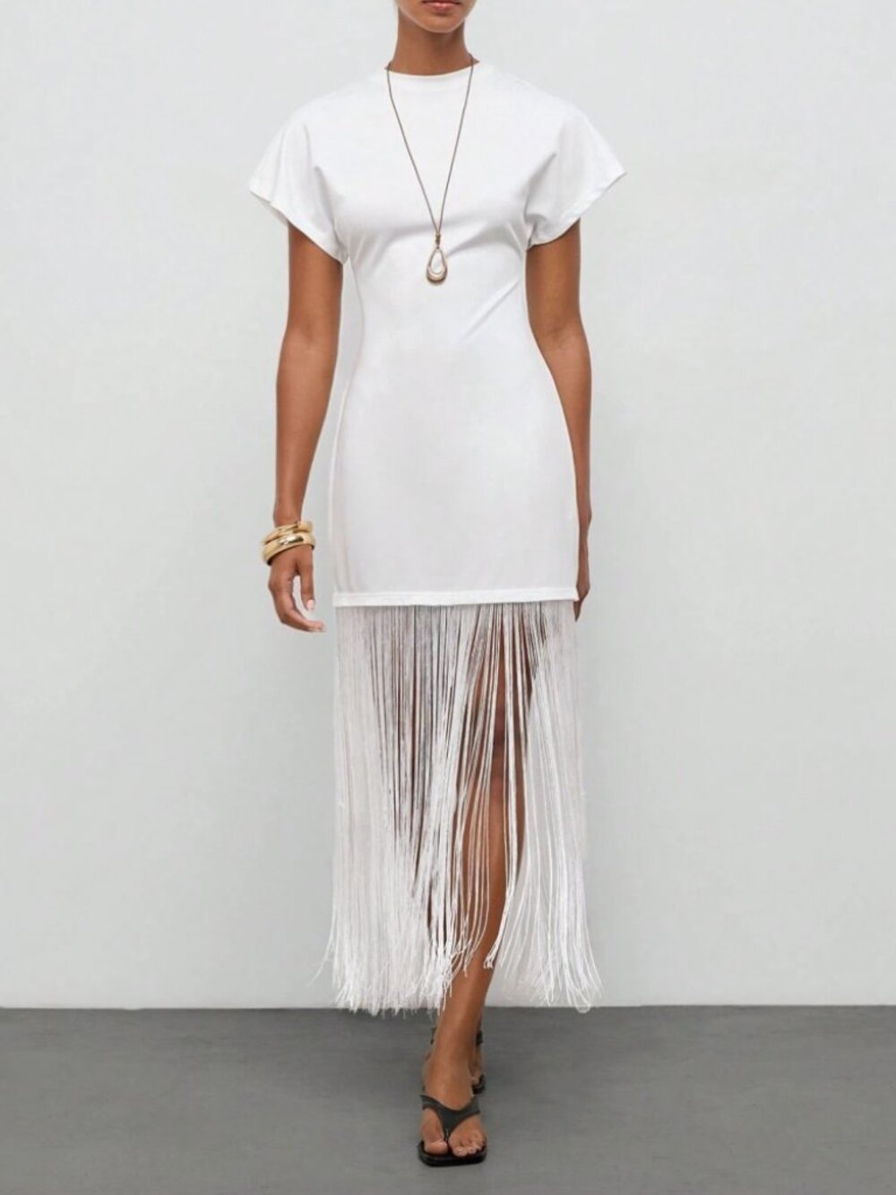White Knit Fringe Hem Mini Dress - Picture 1 of 6